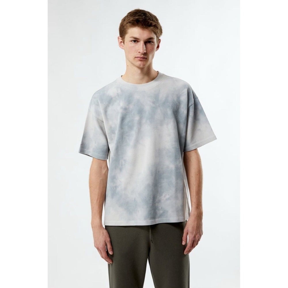 PacSun Mens Boxy Fit Tie Dye T-Shirt Blue Grey French Terry Short Sleeve Large